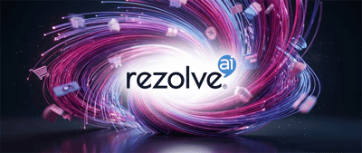 Rezolve AI company logo displayed over a swirling digital light stream with floating e-commerce icons.