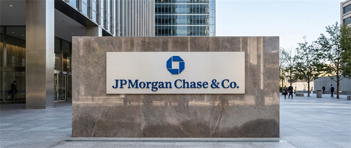 JPMorgan Chase and Co. logo on a granite exterior sign outside a corporate office building.