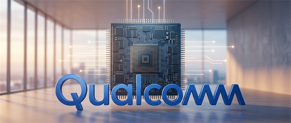 Qualcomm logo displayed in front of a rendered semiconductor chip in a bright modern interior.