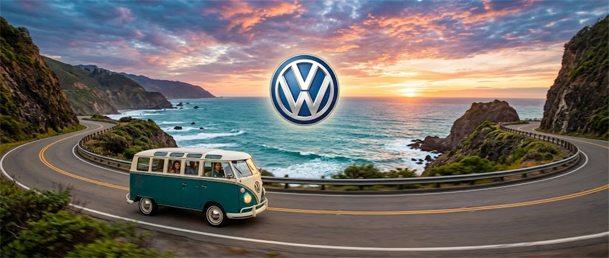 Volkswagen logo displayed above a vintage VW bus driving along a coastal highway at sunset.