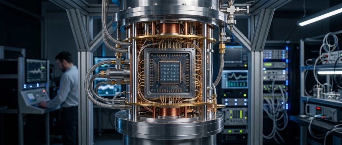A quantum computing processor inside a cryogenic chamber, with a researcher and server racks in the background.