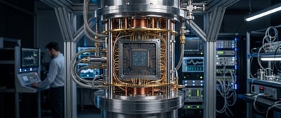A quantum computing processor inside a cryogenic chamber, with a researcher and server racks in the background.
