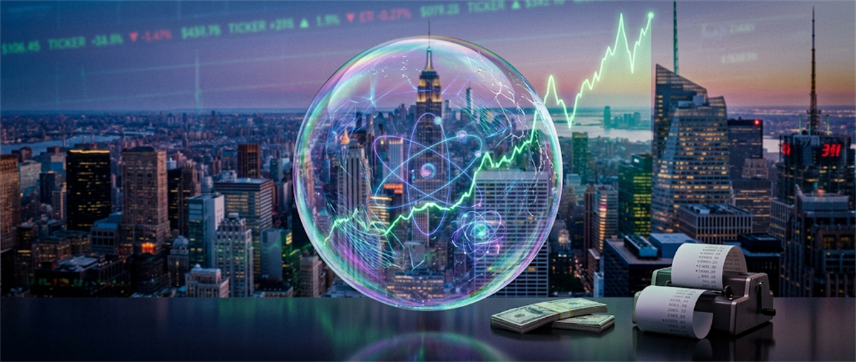 A glowing translucent "quantum" bubble enclosing a city skyline sits beside stacked cash and a ticker tape printer, with stock charts overlaid.