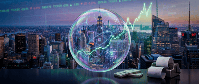 A glowing translucent "quantum" bubble enclosing a city skyline sits beside stacked cash and a ticker tape printer, with stock charts overlaid.