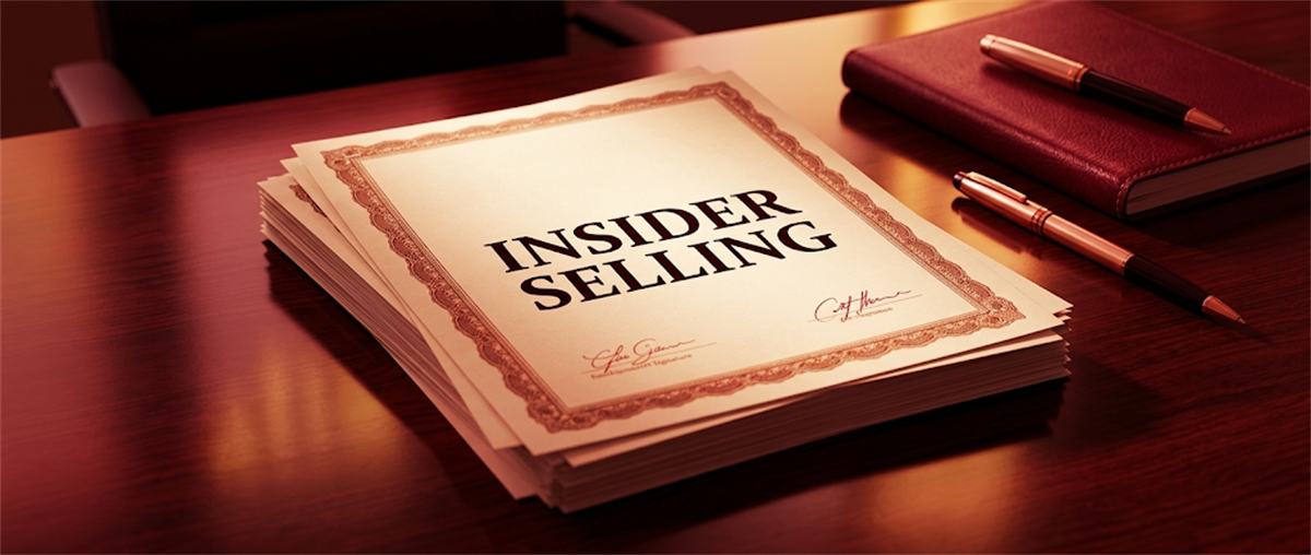 A formal document labeled "Insider Selling" rests on a wooden desk beside a pen and notebook.