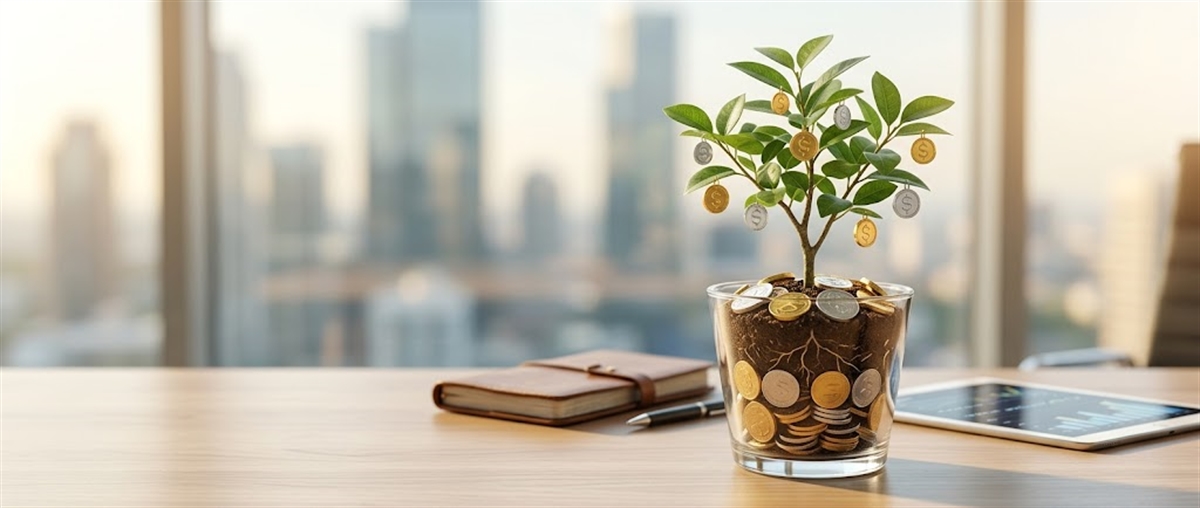 A small tree growing from a glass container filled with coins sits on an office desk.