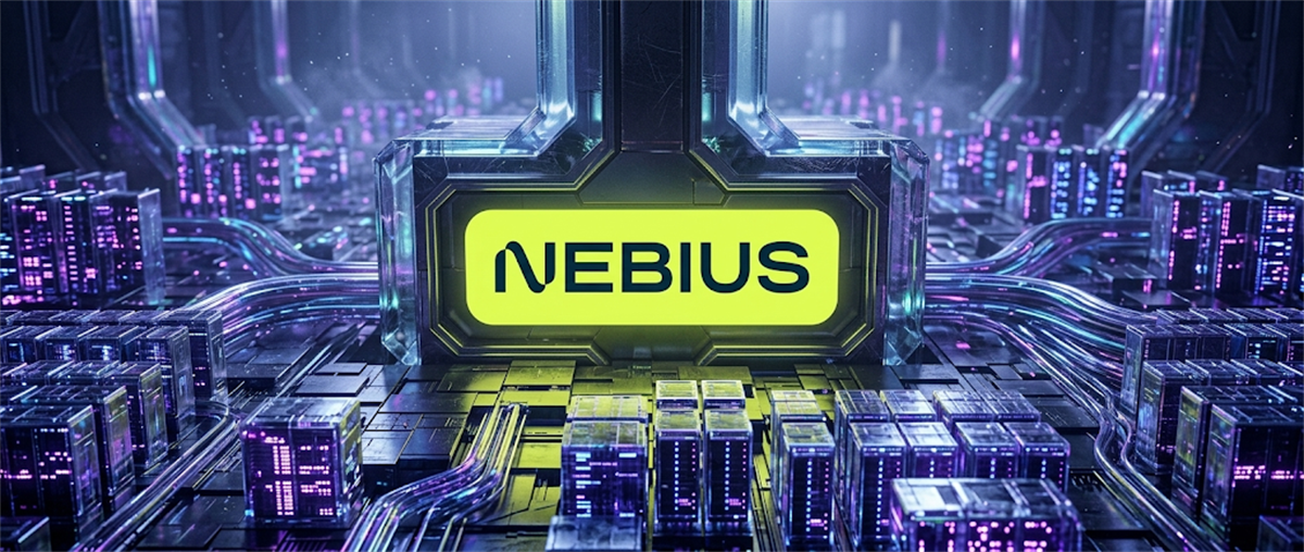 Nebius Group logo displayed on a futuristic digital server infrastructure with neon lighting.