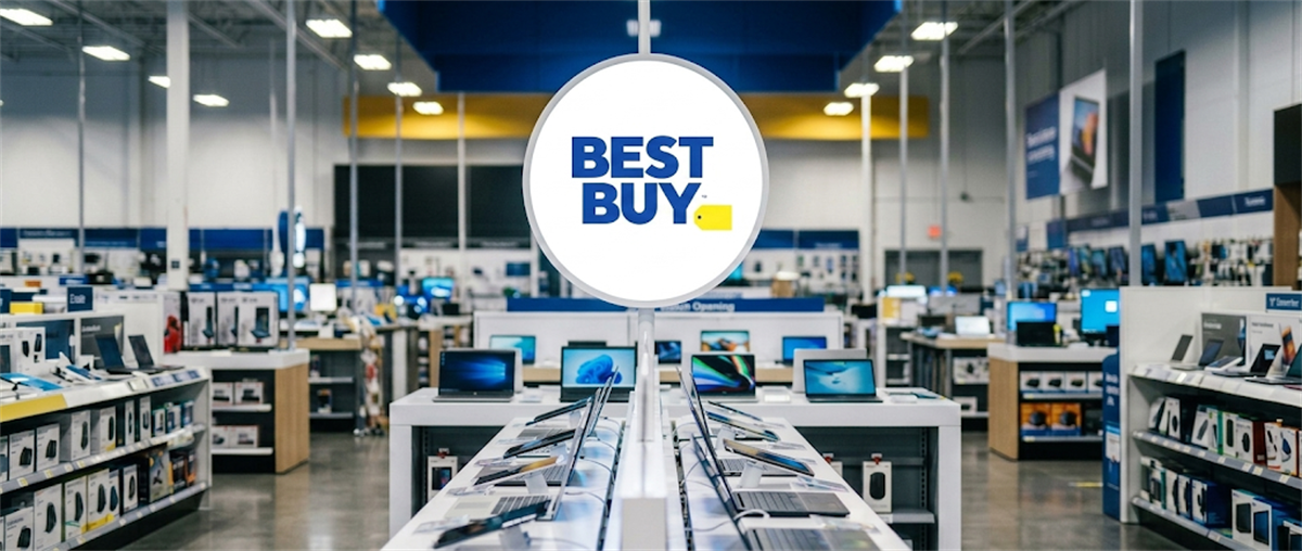 Best Buy store interior showing laptop displays on a center table beneath the company logo.
