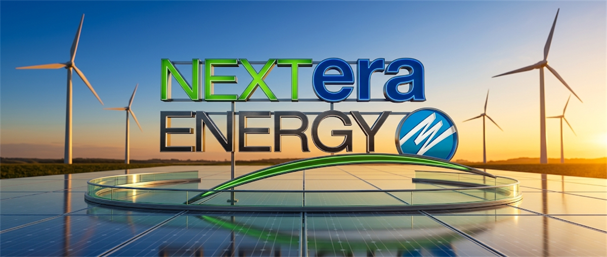 NextEra Energy logo displayed against a backdrop of wind turbines and solar panels at sunset.