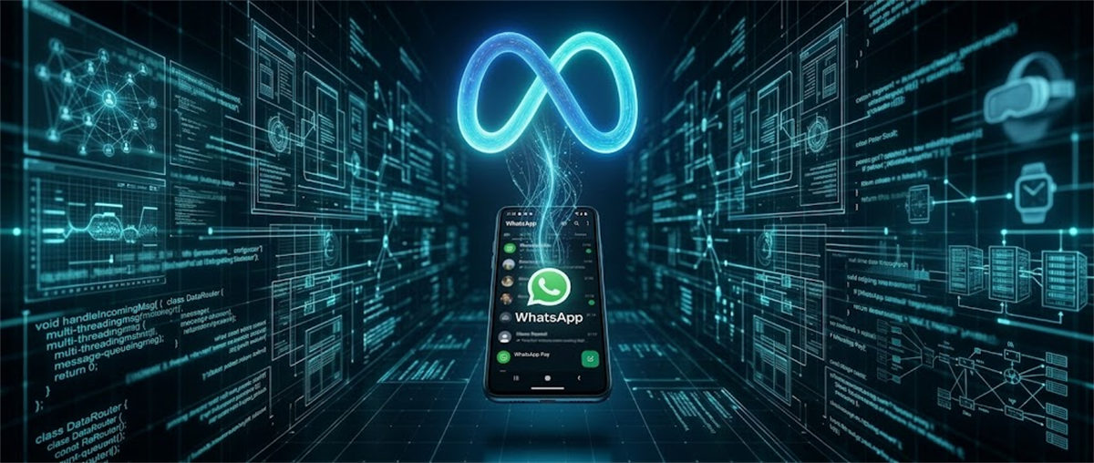A smartphone displaying the WhatsApp app interface floats beneath a glowing Meta infinity logo.