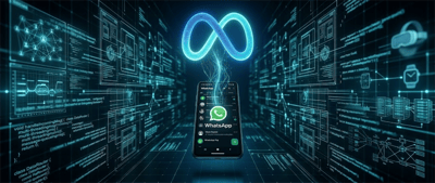 A smartphone displaying the WhatsApp app interface floats beneath a glowing Meta infinity logo.