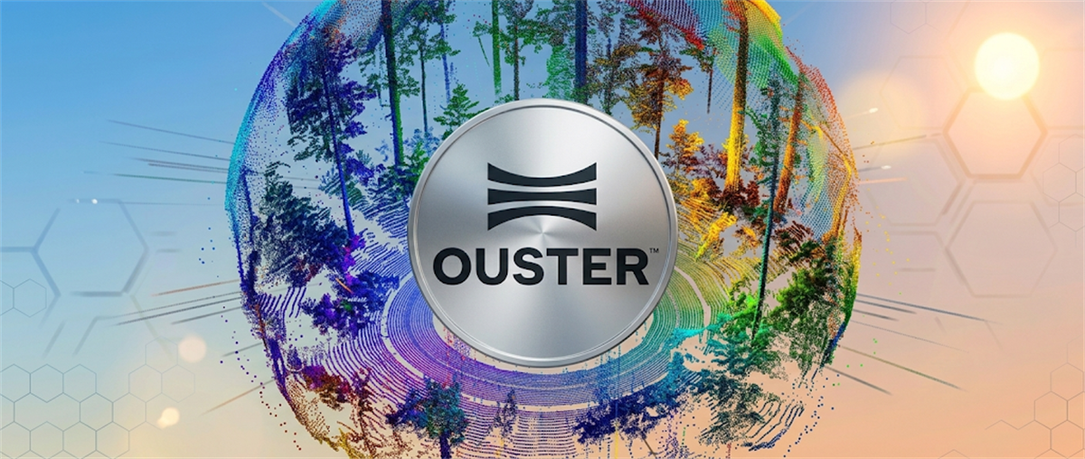 Ouster logo centered on a stylized globe graphic with colorful lidar point-cloud imagery.