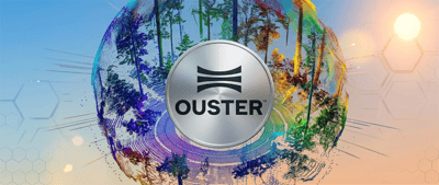 Ouster logo centered on a stylized globe graphic with colorful lidar point-cloud imagery.