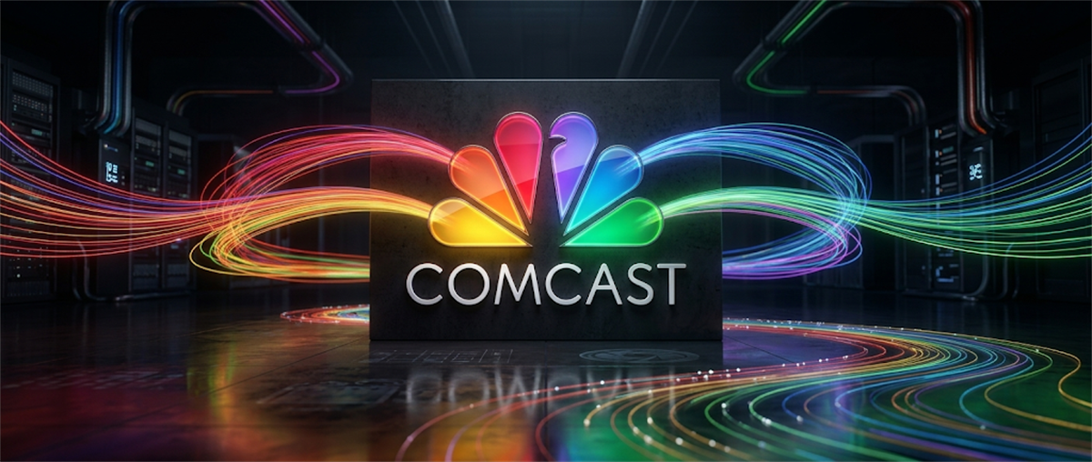 Comcast logo with the NBC peacock emblem displayed against a dark data center backdrop.