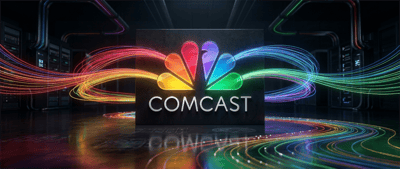 Comcast logo with the NBC peacock emblem displayed against a dark data center backdrop.