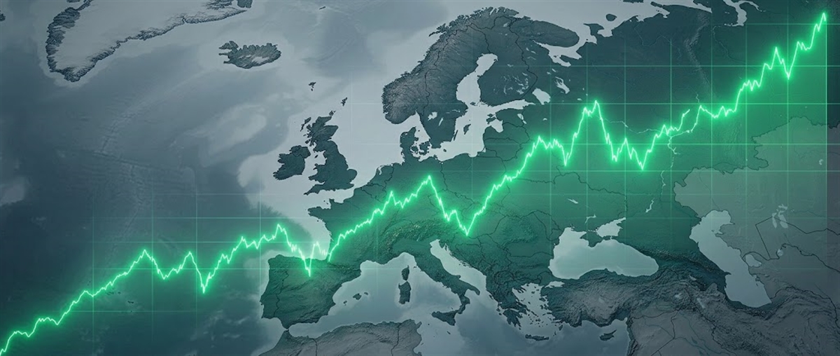An upward-trending green stock price chart overlaid on a map of Europe.