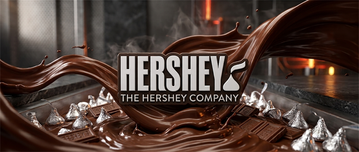 The Hershey Company logo displayed over flowing chocolate and Hershey's Kisses candies.