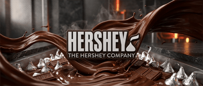 The Hershey Company logo displayed over flowing chocolate and Hershey's Kisses candies.