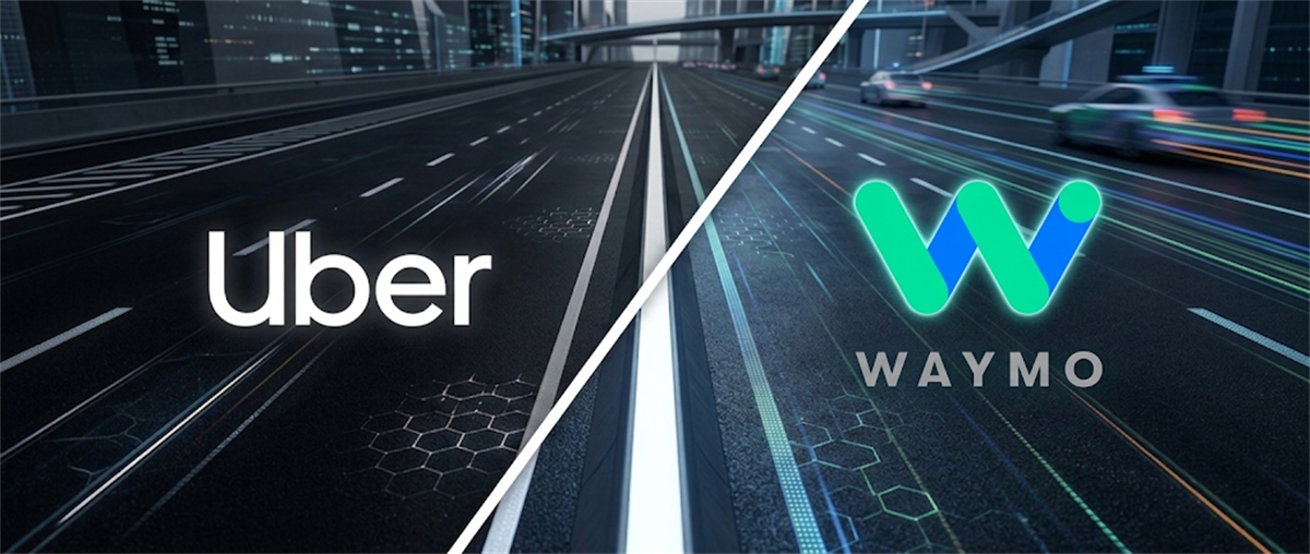 Uber and Waymo logos displayed side by side over a stylized dark highway background.