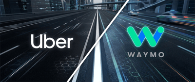 Uber and Waymo logos displayed side by side over a stylized dark highway background.