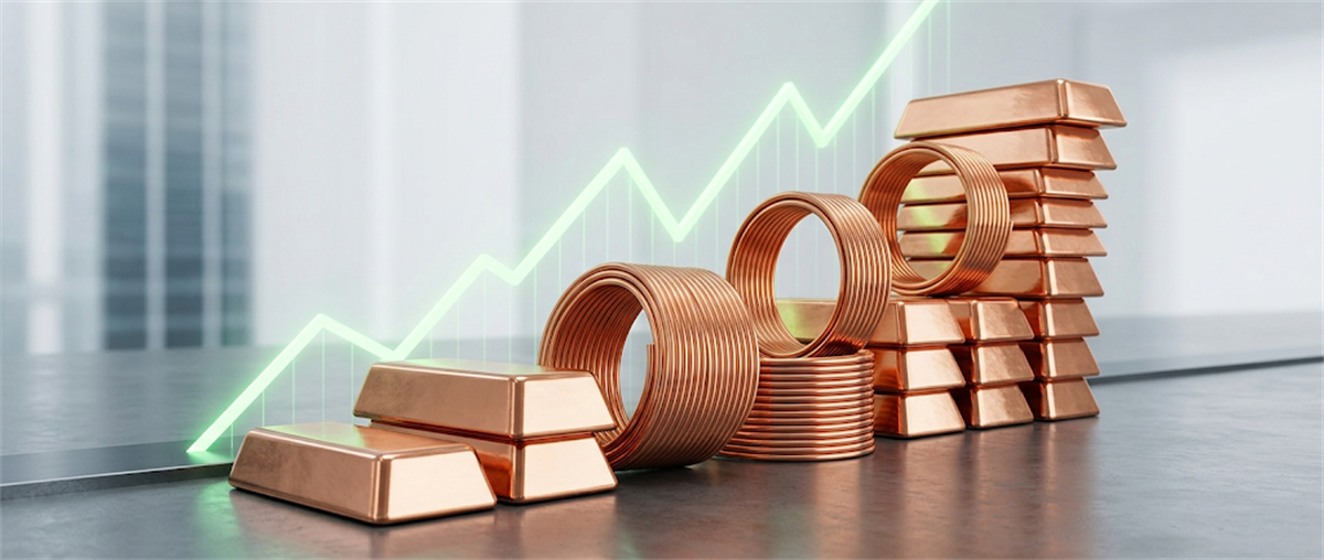Copper ingots and coiled copper wire arranged in front of a rising green price chart.