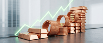 Copper ingots and coiled copper wire arranged in front of a rising green price chart.