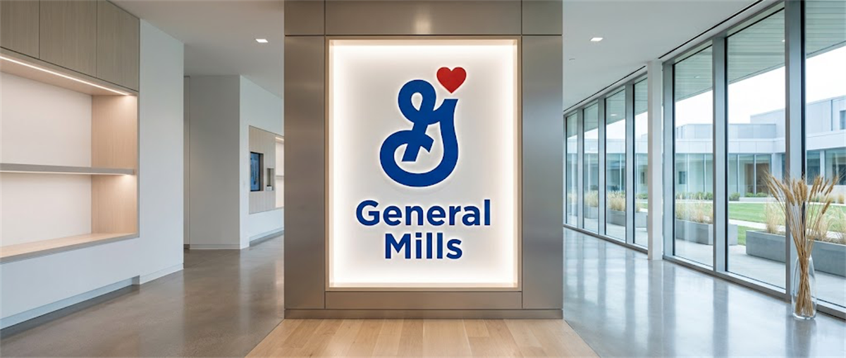 General Mills logo displayed on an illuminated sign in a modern corporate office lobby.