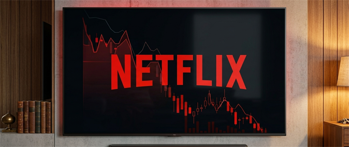 Netflix logo displayed on a wall-mounted TV alongside a declining red stock price chart.