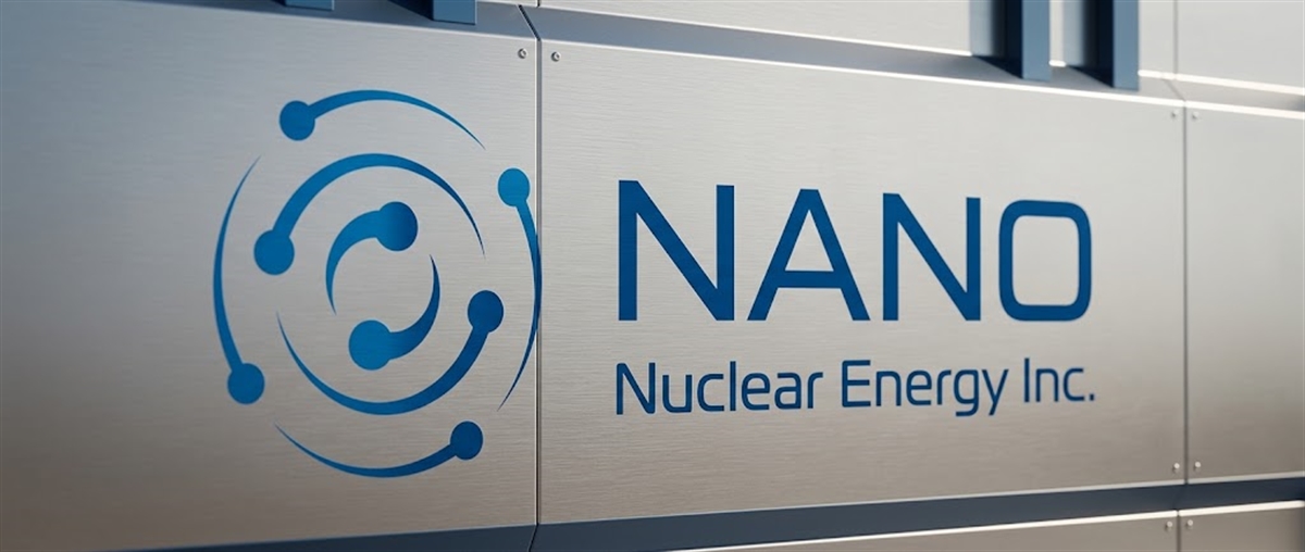 NANO Nuclear Energy Inc. logo displayed on a brushed metal exterior panel of a building.
