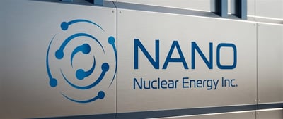 NANO Nuclear Energy Inc. logo displayed on a brushed metal exterior panel of a building.