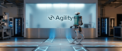 Agility Robotics humanoid robot walks in a modern facility displaying the Agility company logo.