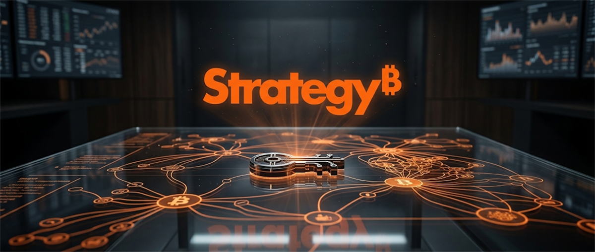 Strategy logo with Bitcoin symbols and a key displayed on a glowing digital network surface.