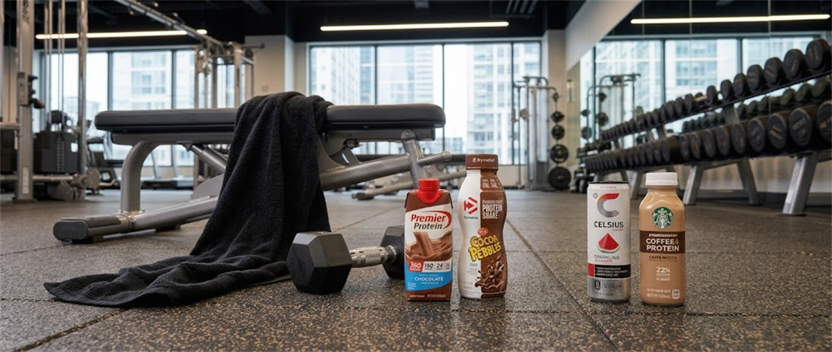 Premier Protein, Dymatize Cocoa Pebbles, Celsius, and Starbucks protein drink products displayed on a gym floor alongside a dumbbell.