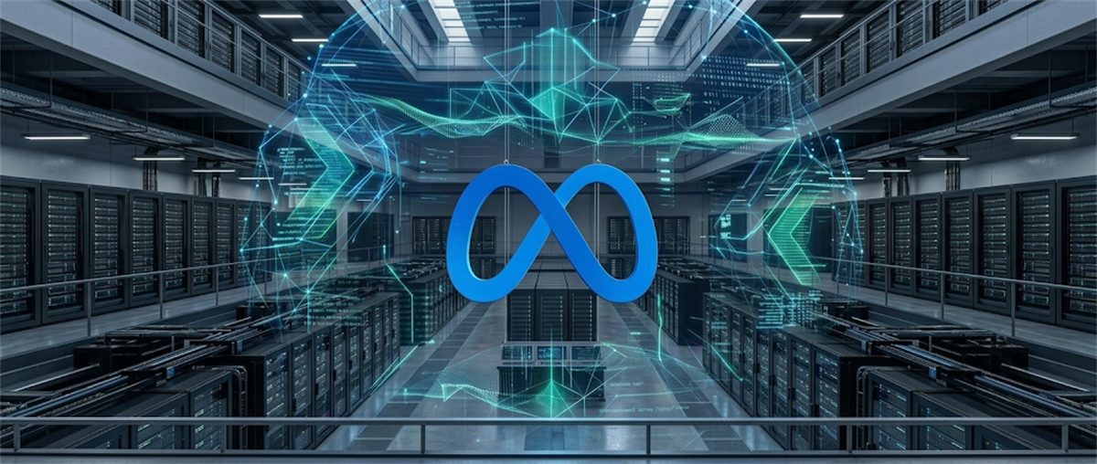Meta logo centered in a large data center surrounded by digital network visualization overlays.
