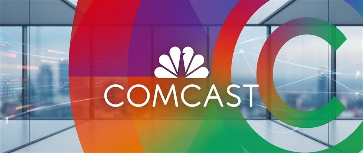 Comcast corporate logo and NBC peacock icon displayed against a colorful branded background.