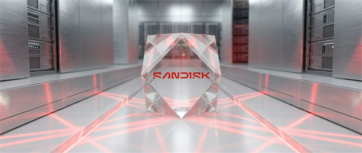 SanDisk logo displayed on a crystal object inside a stylized data center setting.