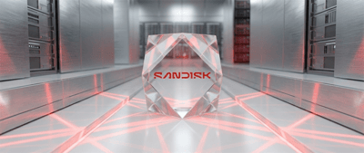 SanDisk logo displayed on a crystal object inside a stylized data center setting.