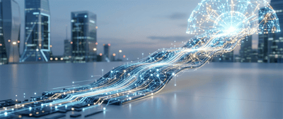 A digital illustration of a glowing AI brain connected to circuit pathways against a city skyline backdrop.