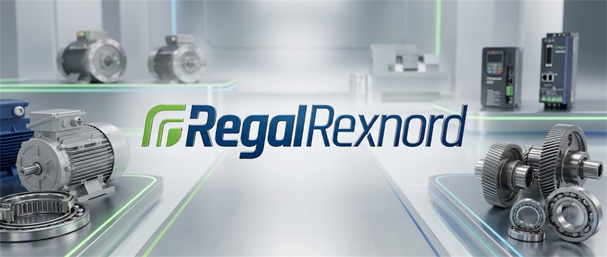 Regal Rexnord logo displayed alongside industrial motors, gears, bearings, and drive components.