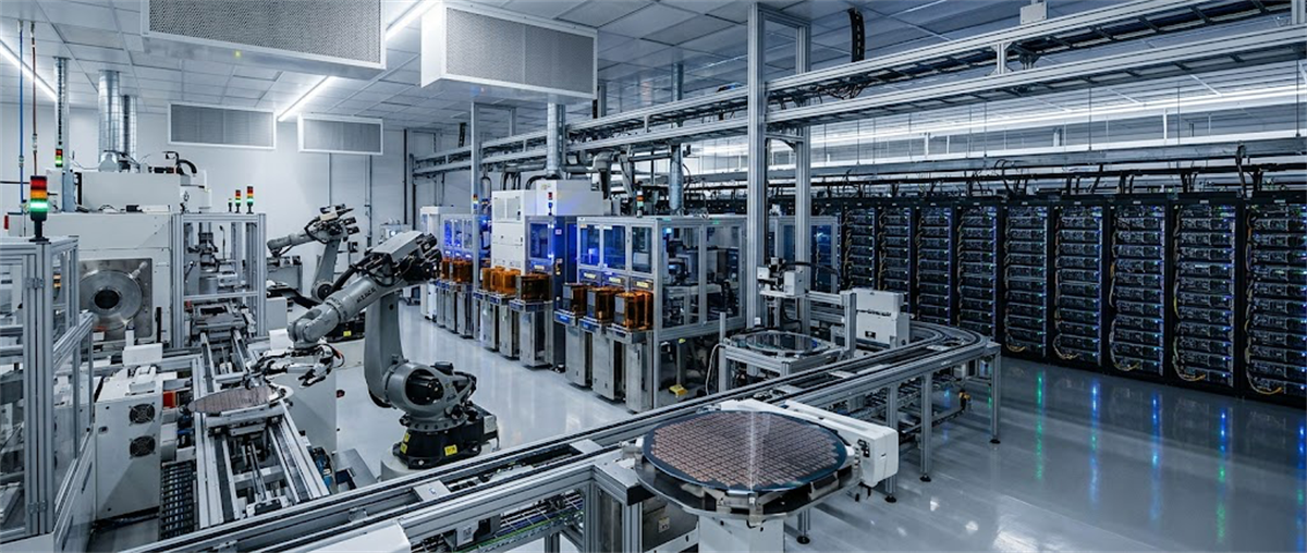 Robotic arms and automated equipment operate on a semiconductor wafer inside a modern chip fabrication facility.