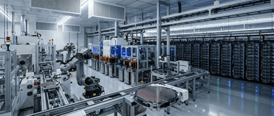 Robotic arms and automated equipment operate on a semiconductor wafer inside a modern chip fabrication facility.