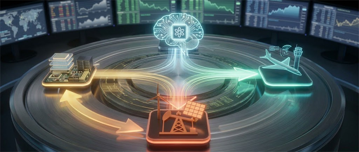 An illustrated concept image showing AI, semiconductor, energy, and aerospace sector icons connected by glowing data streams.
