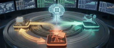 An illustrated concept image showing AI, semiconductor, energy, and aerospace sector icons connected by glowing data streams.