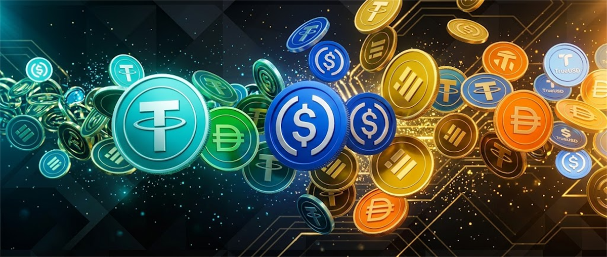Illustrated stablecoin tokens including Tether (USDT), USD Coin (USDC), Dai, and TrueUSD scattered across a dark background.