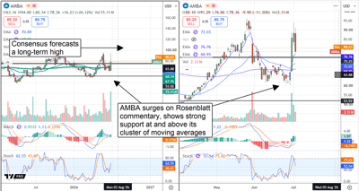AMBA charts displaying a move higher on both a short-term and long-term timeframe.