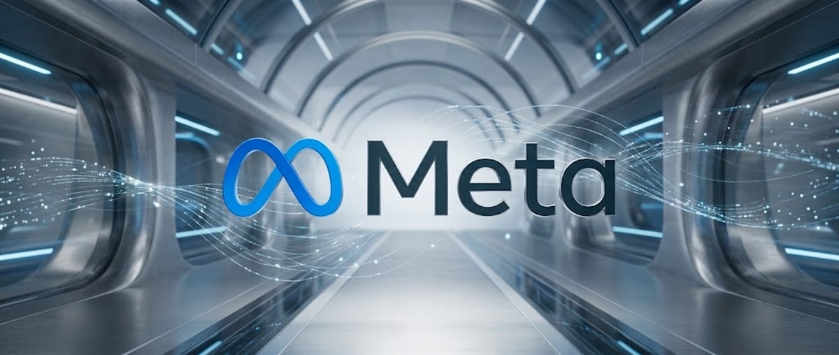 Meta logo and wordmark displayed at the center of a futuristic metallic tunnel with glowing digital data lines.