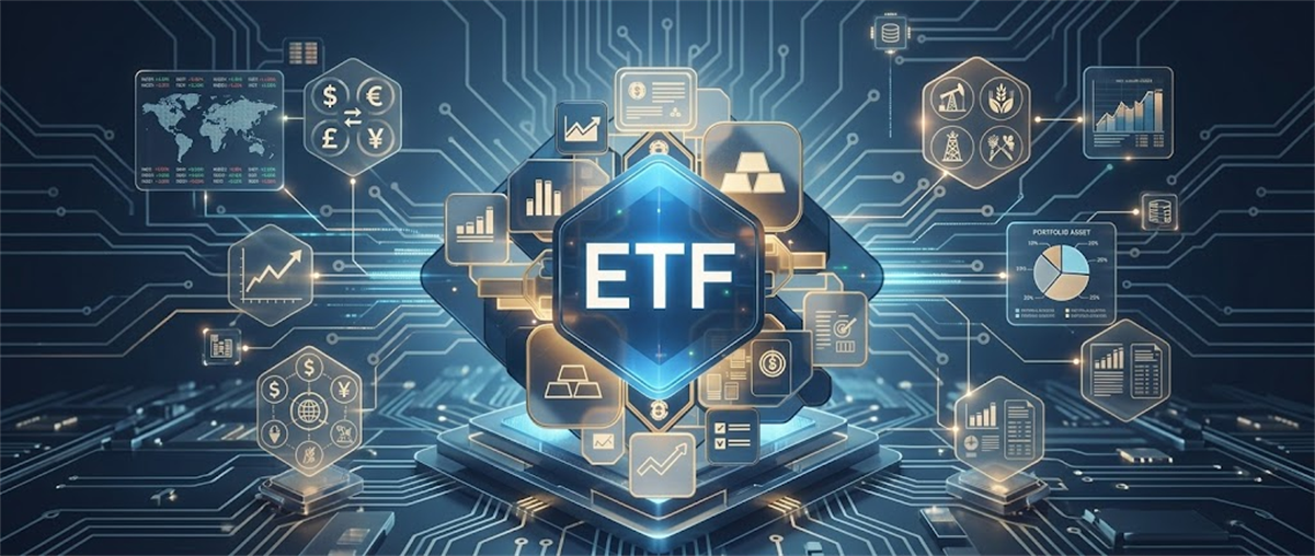Digital illustration of the word ETF surrounded by icons representing currencies, gold, charts, and portfolio assets.