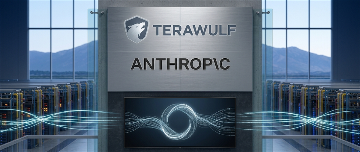 TeraWulf and Anthropic logos displayed on a wall between server racks in a data center.