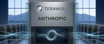TeraWulf and Anthropic logos displayed on a wall between server racks in a data center.