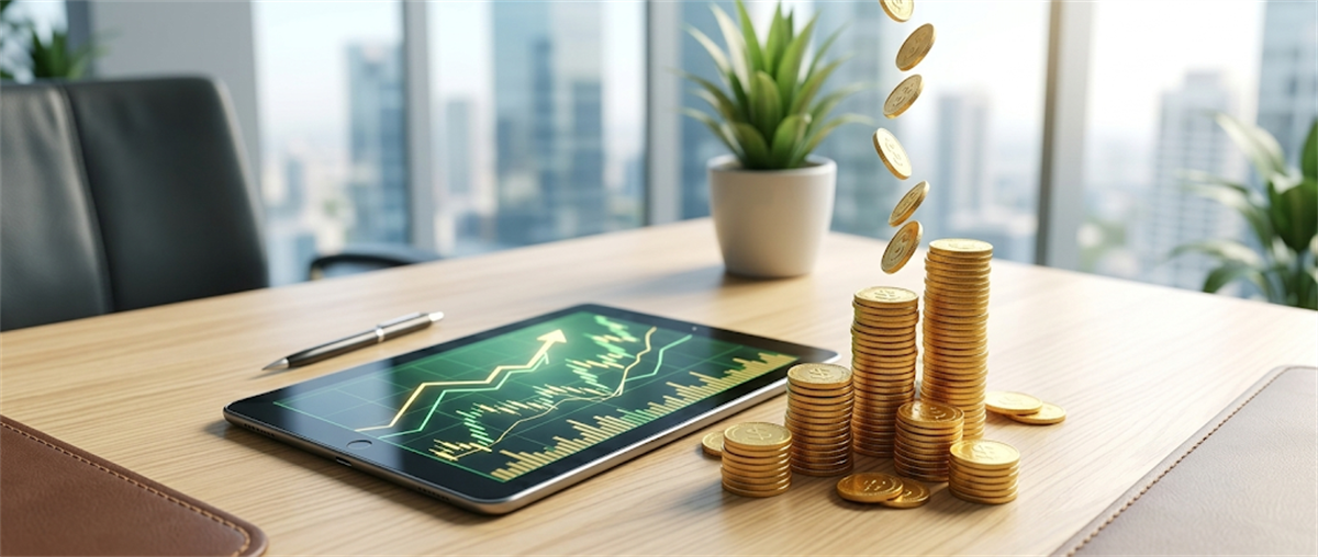 Stacked gold coins and a tablet displaying an upward stock price chart on an office desk.
